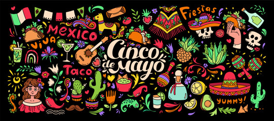 Cinco de Mayo doodle set on black background. Mexican food elements, traditions, plants big collection. Mexican celebration background. Guitar, sombrero, maracas, cactus and chili, taco, tequila.