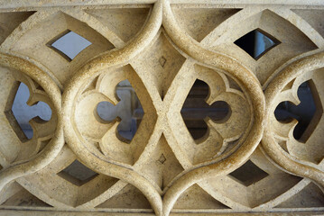 A fragment of a beautifully carved stone fence in the Matthias wing of the Corvin Castle...