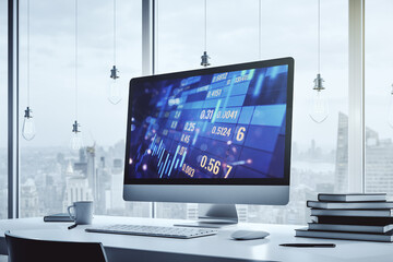 Abstract creative financial graph on modern laptop monitor, forex and investment concept. 3D Rendering