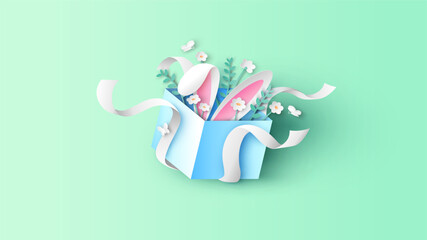 Open gift box full of decorative with flower and rabbit ears on Easter day. Open gift box in Easter day. Happy Easter. paper cut and craft style. vector, illustration.