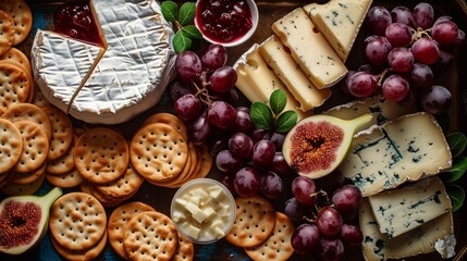 Top view of a tray of assorted gourmet cheeses accompanied by grapes, crackers, and fig jam, Photogr
