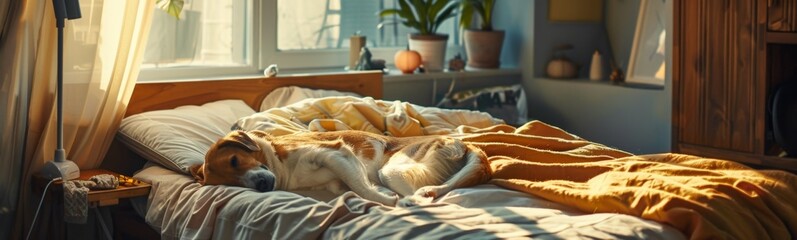 Dogs laying on a bed with a blanket. Banner