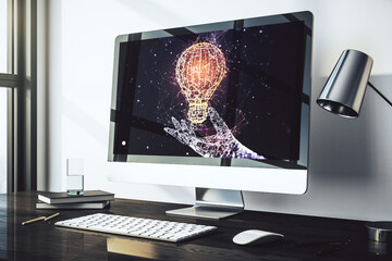 Creative light bulb illustration on modern computer monitor, future technology concept. 3D Rendering