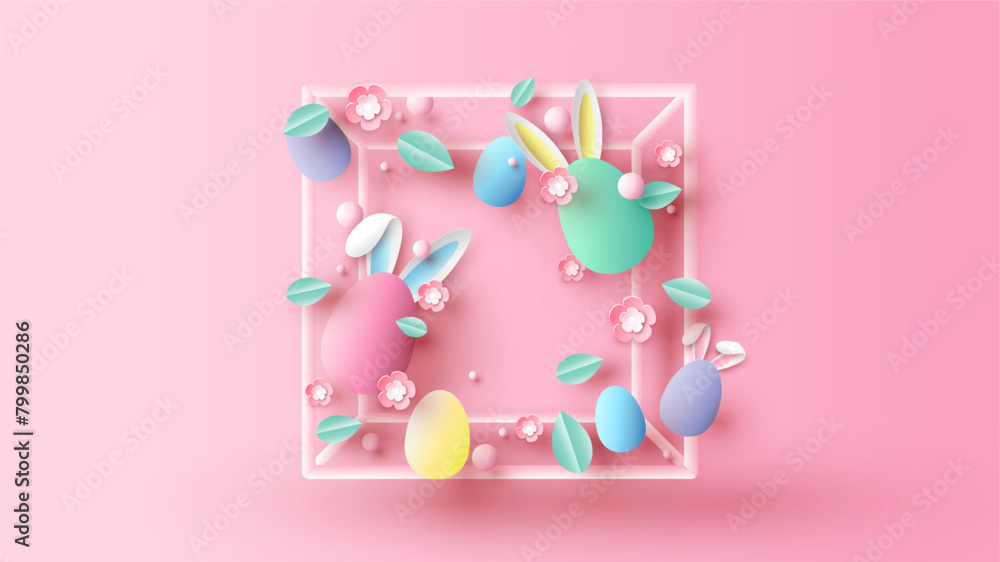 Aufkleber easter eggs floating around inside square frame with flower. graphic design for easter day. easter d