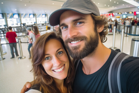 Travel concept. Couple with blond hair takes selfie at the airport terminal. Smiling and happy, they are waiting to leave for holiday. Lifestyle and vacation concept