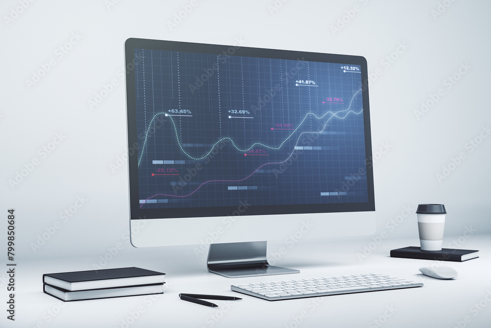 Poster abstract creative stats data concept on modern laptop screen. 3d rendering