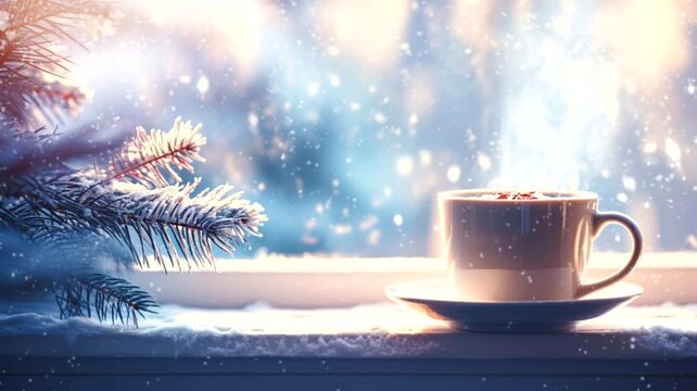 A Scene of a coffe and window, animated illustration motion video repeating 4k
