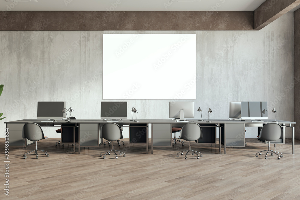 Aufkleber modern coworking office interior with daylight and empty white mock up banner on concrete wall. 3d r