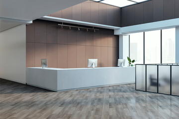 Contemporary spacious office with reception, window and wooden flooring. Lobby concept. 3D Rendering.