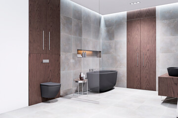 Modern bathroom with wooden cabinetry and subtle lighting. Comfort and serenity concept. 3D Rendering
