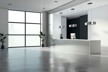 Modern luxury concrete office reception with window and city view. 3D Rendering.