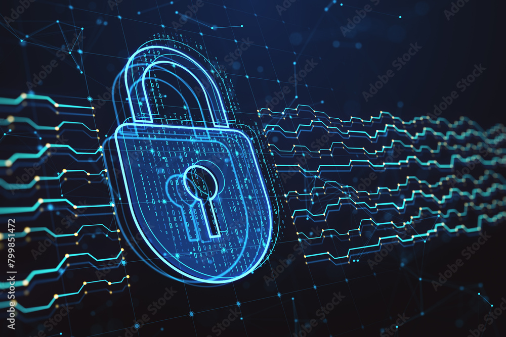 Poster abstract glowing digital padlock hologram on dark backdrop. safety and security concept. 3d renderin
