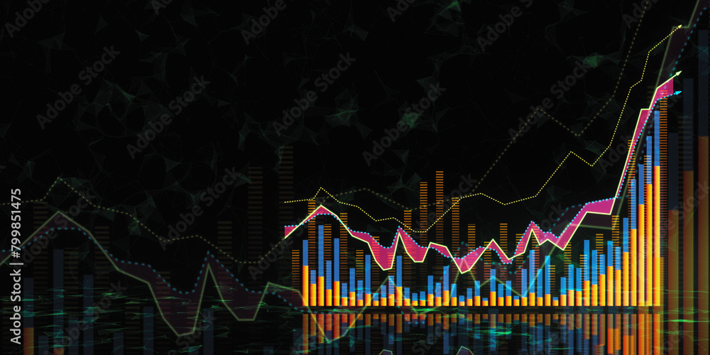 Poster Glowing growing forex chart on dark backdrop with polygonal mesh and mock up place. Trade, finance and stock concept. 3D Rendering.