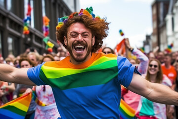 Young man jumps and dances during the demonstration for gender equality. Happy boy with gay pride flag on shirt laughs looking at camera. Concept of freedom and lifestyle