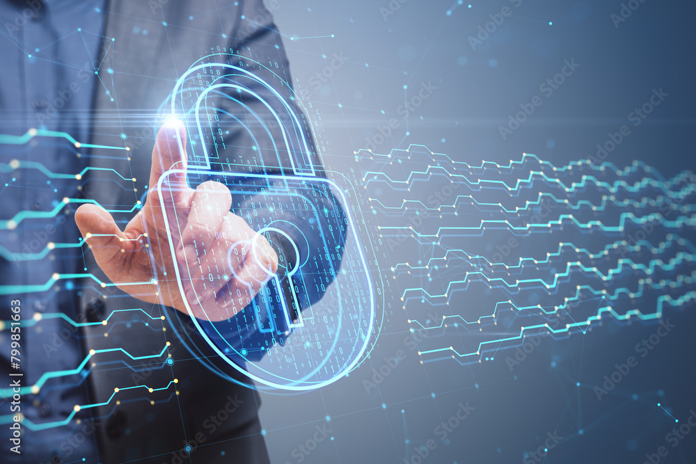 Poster close up of man hand pointing at glowing digital padlock hologram on blurry background. safety and s