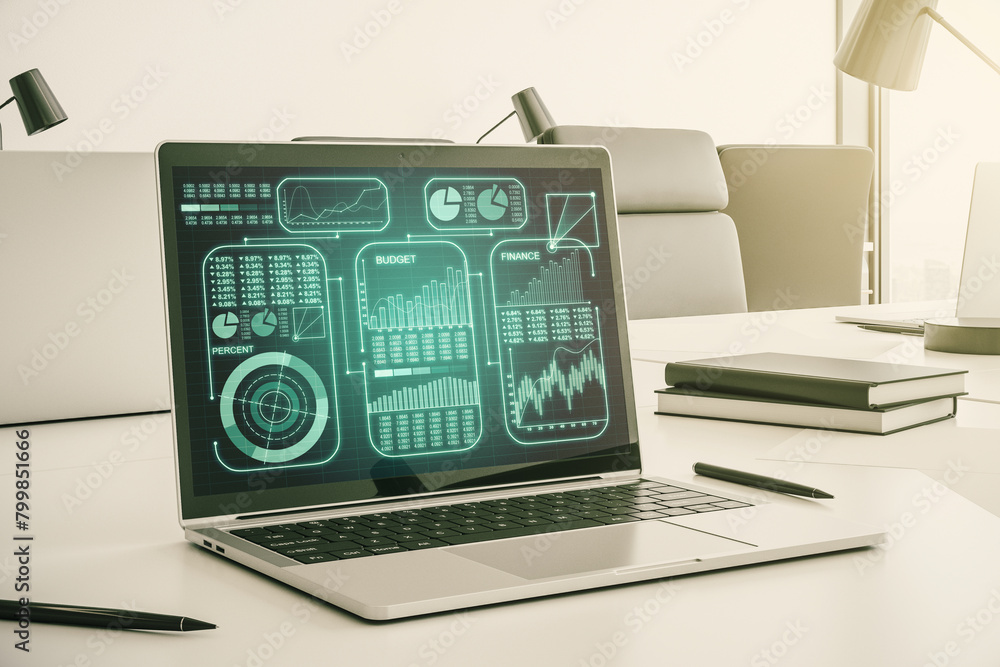 Fototapete modern computer monitor with abstract creative statistics data hologram, statistics and analytics co
