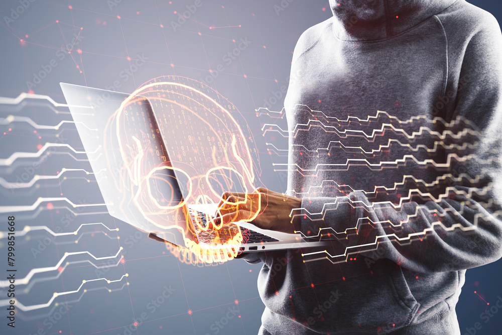 Poster Close up of hacker hands using laptop with creative skull and circuit hologram on blurry background. Malware and ransomware concept.