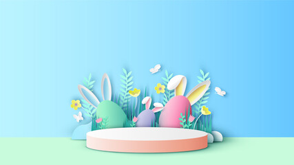 Easter eggs with circle stage podium scene decorated with flower, leaves and butterfly. Happy Easter. Paper cut and craft style. vector, illustration.