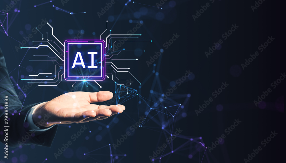 Poster close up of businessman hand holding glowing polygonal circuit ai hologram on dark background. artif