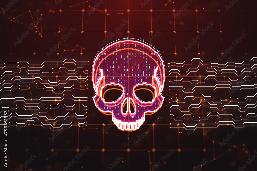 Aufkleber Creative skull and circuit hologram on blurry red background. Malware and ransomware concept. 3D Rendering.