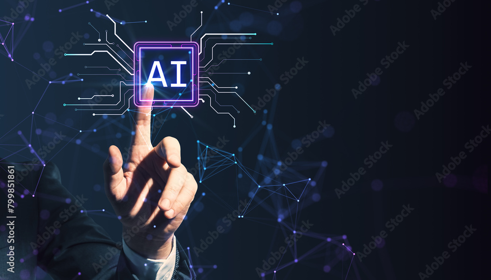 Poster close up of businessman hand pointing at glowing polygonal circuit ai hologram on dark background. a