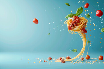 Obraz na płótnie Canvas Spaghetti bolognese ingredients floating in the air
