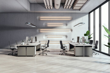 Contemporary coworking office interior with window and daylight. 3D Rendering.