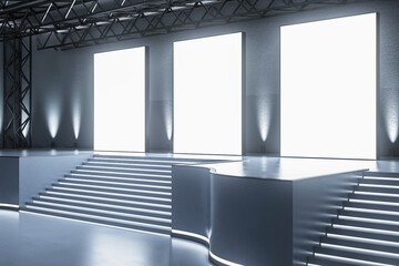 Triple screen setup in a modern conference hall for dynamic presentations. 3D Rendering
