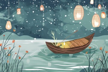 Cartoon cute doodles of a magical paddle boat ride on a mystical lake, with sparkling water and floating lanterns illuminating the way, Generative AI