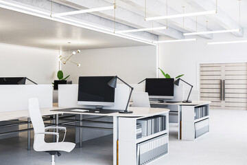 Modern industrial office design with stylish lighting and organized workstations. 3D Rendering