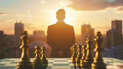 Business and technology and business strategic planning concept related theme photo stock background with chess pieces. Generative AI.
