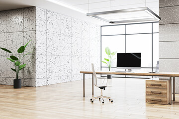Contemporary office interior with marble accents and lush indoor plants. 3D Rendering