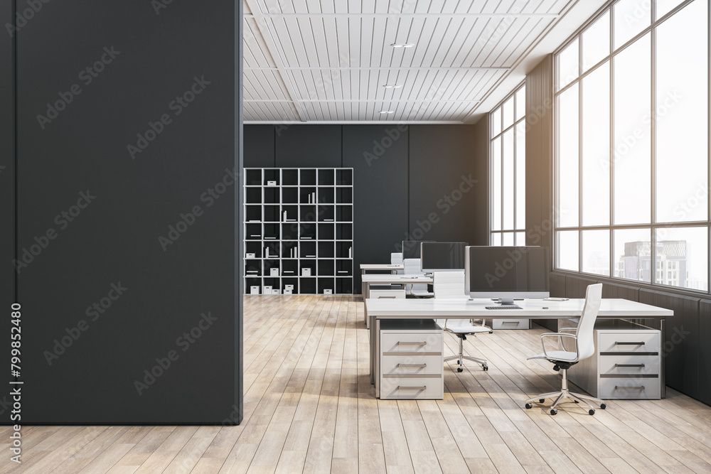 Poster modern wooden and concrete coworking office interior with empty mock up place on wall and panoramic 