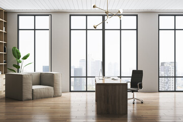 Fototapeta premium Bright wooden and concrete coworking office interior with panoramic window and city view. 3D Rendering.
