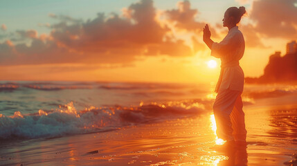 Man practicing Tai Chi by the sea at sunset