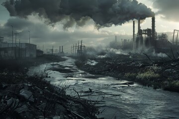 River running through a dirty city with smoke coming out of it. Air pollution issue background  - obrazy, fototapety, plakaty