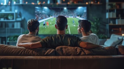 Back view of male friends watching a soccer match on a couch with a big screen TV. Men actively support their favorite team and comment on the game