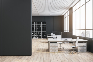 Modern wooden and concrete coworking office interior with empty mock up place on wall and panoramic...