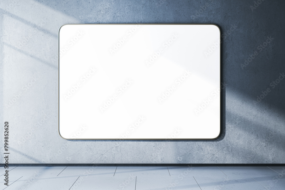 Poster Modern empty interior with white mock up frame on concrete wall. Gallery and museum concept. 3D Rendering.