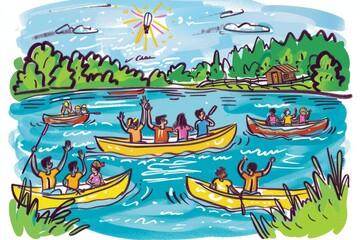 Cartoon cute doodles of a summer camp paddle boat race on a lively lake, with campers cheering each other on from the shore, Generative AI