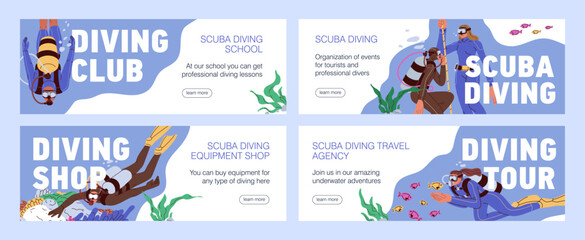 Scuba diving adventure, underwater marine banners set. Divers in suits, aqualung, snorkel, oxygen mask under sea water, aquatic undersea club, internet web backgrounds. Flat vector illustration