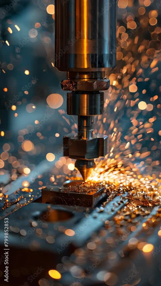 Poster a machine is cutting metal with sparks flying out. the sparks are small and scattered, creating a se