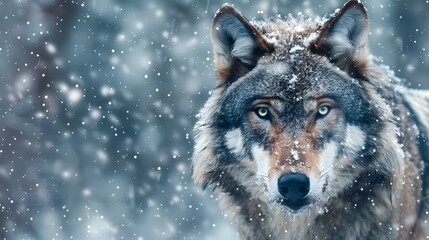 4K wallpaper featuring a close-up of a gray wolf's face as snow falls gently around it