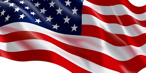 Fototapeta premium Close-up view of American flag fluttering in the wind with copy space, rendered in 3D. Patriotic symbolism