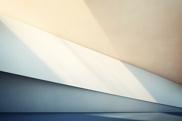 抽象背景バナー。陽光が差す青・ベージュ・白の直線的な壁と平らな床がある空間 - obrazy, fototapety, plakaty