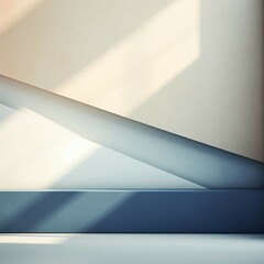 抽象背景正方形バナー。陽光が差す青・ベージュ・白の直線的な壁と平らな床がある空間 - obrazy, fototapety, plakaty