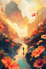 movie-poster style, illustration of road Following a river towards an unknown goal, visible through the blooming double-layered hibiscus on a sunrise, mist, yellow-red, small unrecognizable man figure