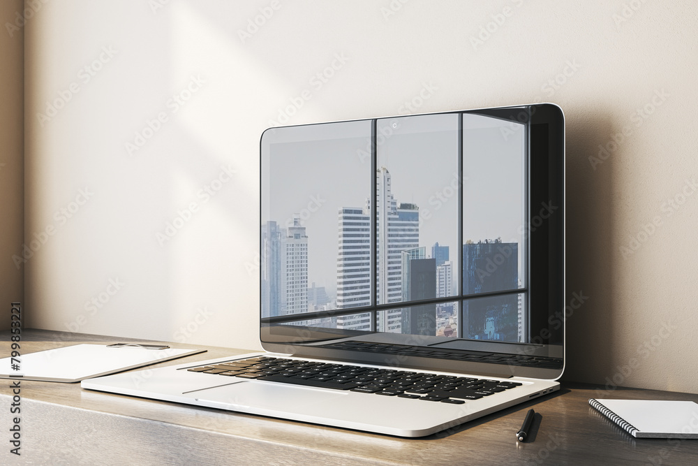 Poster Close up of empty computer monitor with city reflections on simple wooden desk. Workplace concept. 3D Rendering.