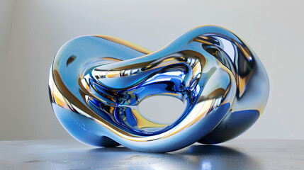 Fluid Blue Metallic Shape on Neutral Background, Reflective 3D Abstract Art

