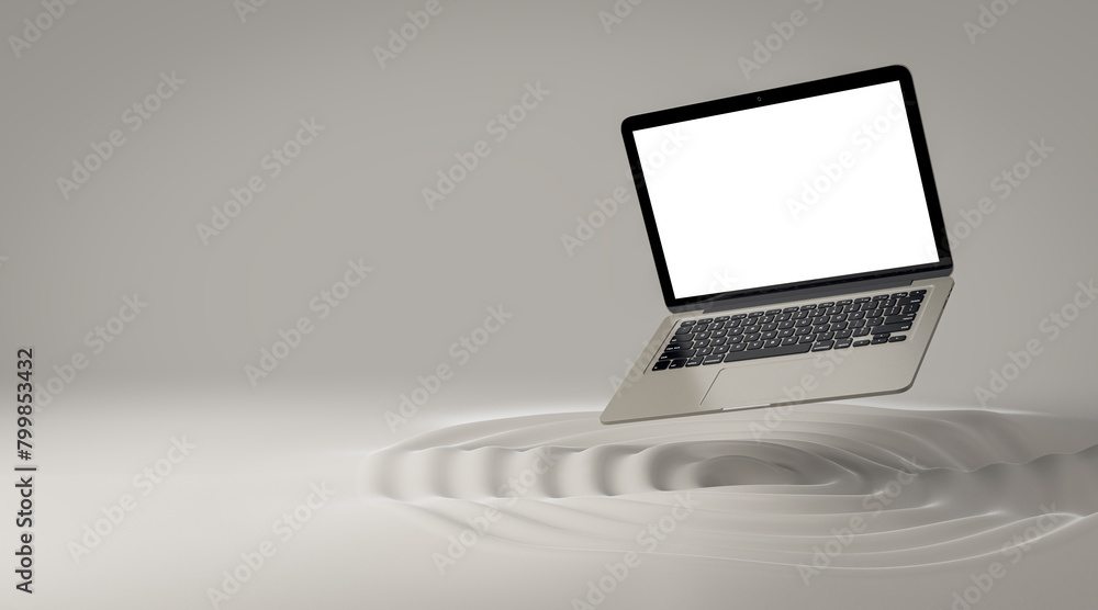 Poster abstract flying white laptop on creative light whirl background with mock up place. product ad conce